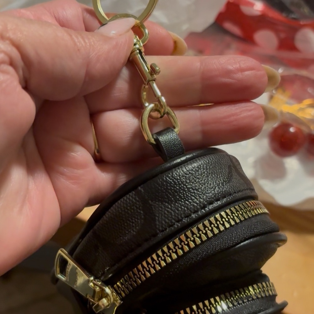 Gold-Trim Black Leatherette Keychain Pouch